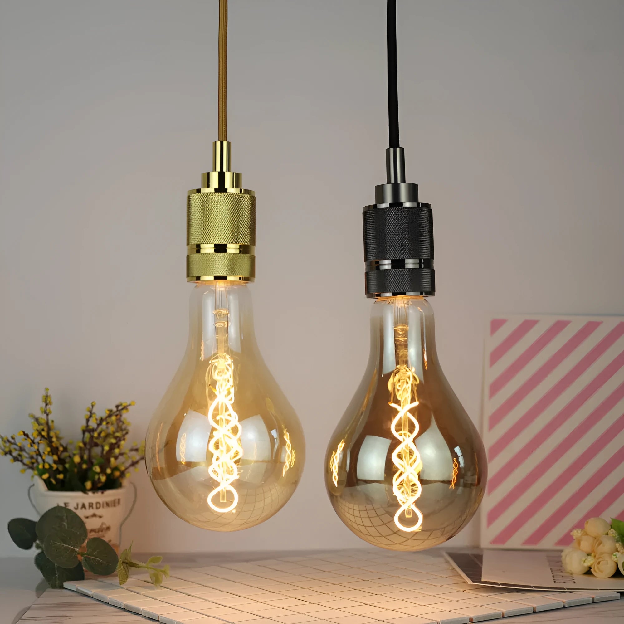 Double helix golden LED soft light strip with A110 power supply measuring 110mm by 200mm