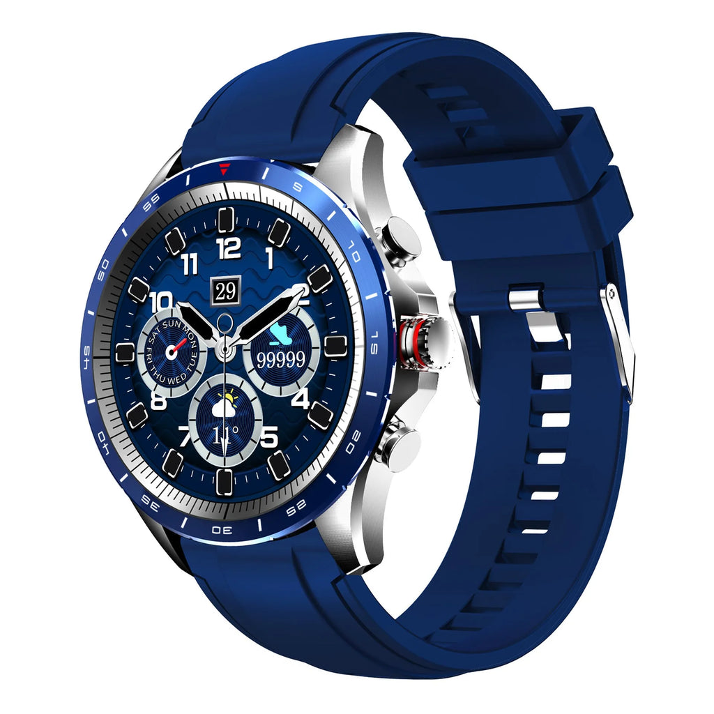 Men's smart bracelet watch with zinc alloy case and black silicone wristband, showing touch screen display.