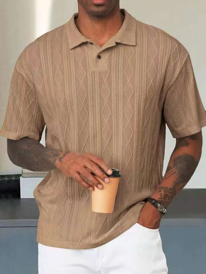 Retro button lapel short sleeve t-shirt in a cotton blend fabric, shown in army green colour