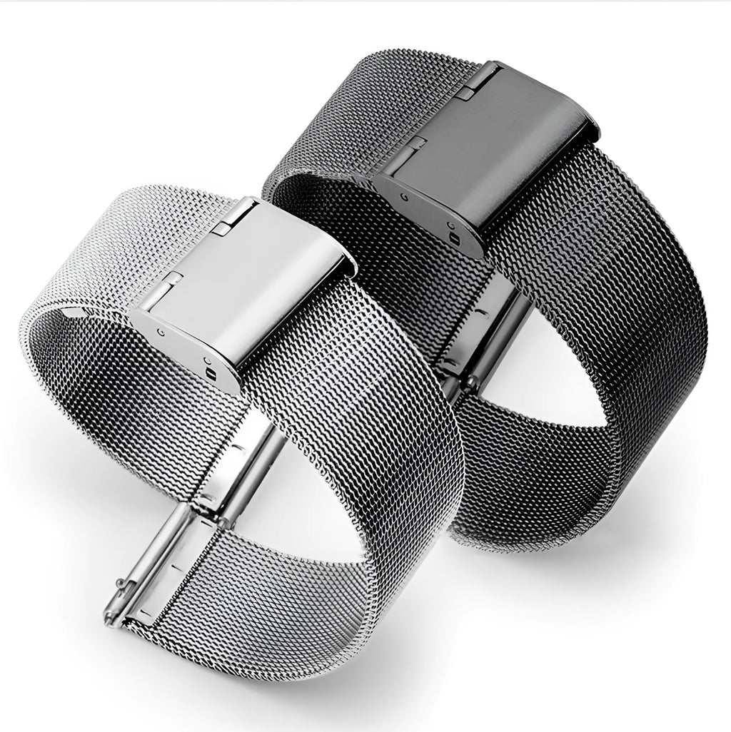 Milani stainless steel watch band with woven silk centre in silver, shown detached from a watch.