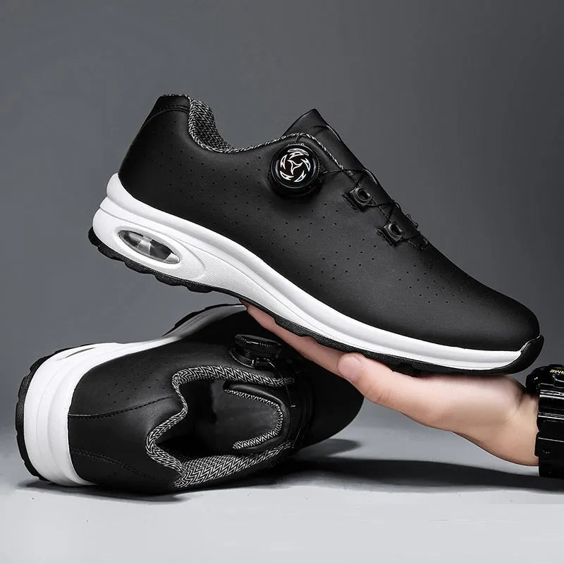 Men's black and white low-top casual tennis shoes with mesh upper and cross shoulder straps