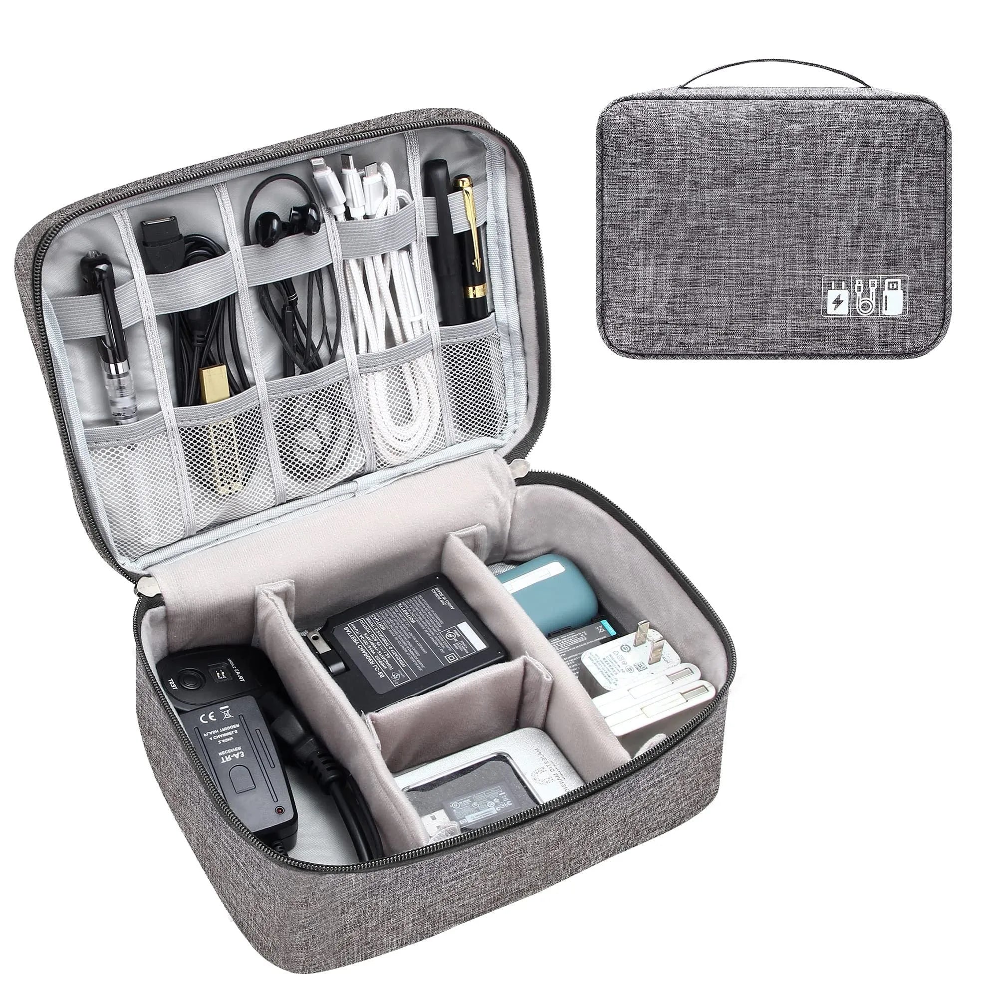 Black and grey waterproof travel cable organiser bag open, showing mesh pockets and removable padded dividers inside.
