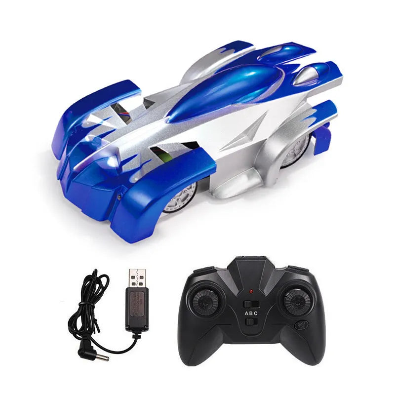 Black, blue, and red dual-mode wall climbing remote control car toy with LED lights on a vertical surface.
