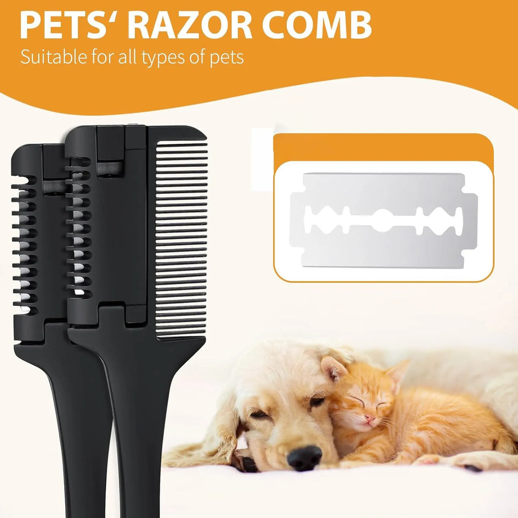 Pet razor comb with comb teeth and integrated grooming blade for dogs and cats.