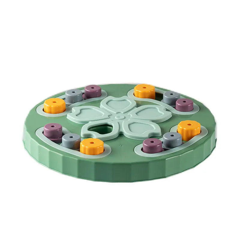 Blue interactive dog feeding toy with slow food plate design for educational mealtime enrichment