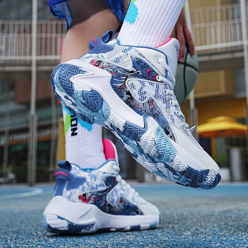 Men's breathable high top basketball shoe graffiti colour block non-slip rubber outsole front tie-up