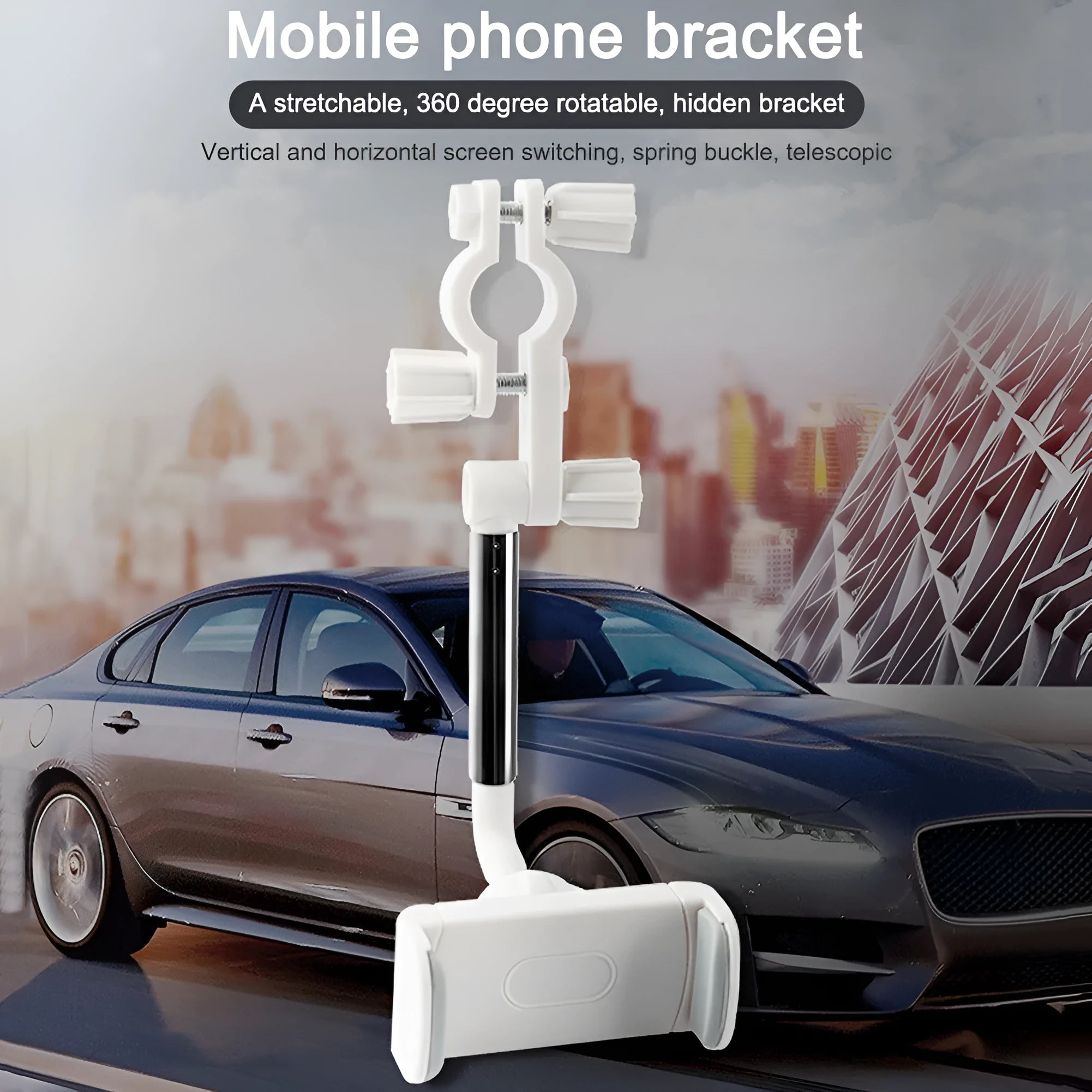 Black car dashboard mobile phone holder showing 360-degree rotation mechanism and foam padding