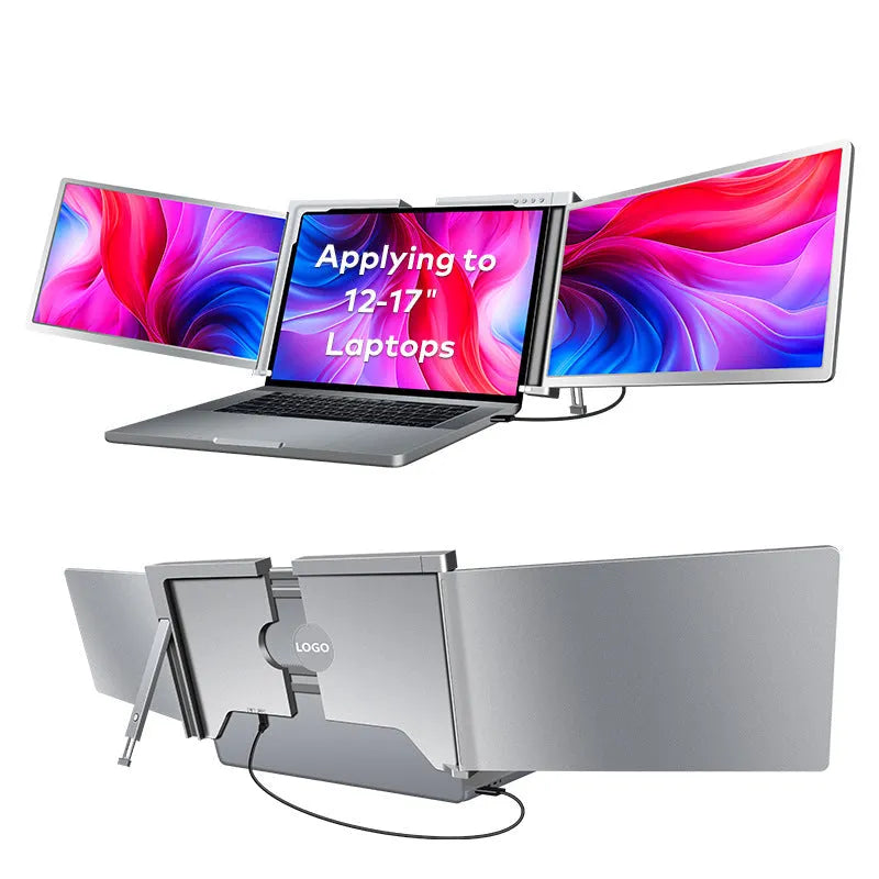 Portable display IPS panel 1920x1080 Silver Gray with USB-C and MINI HDMI cables on desk