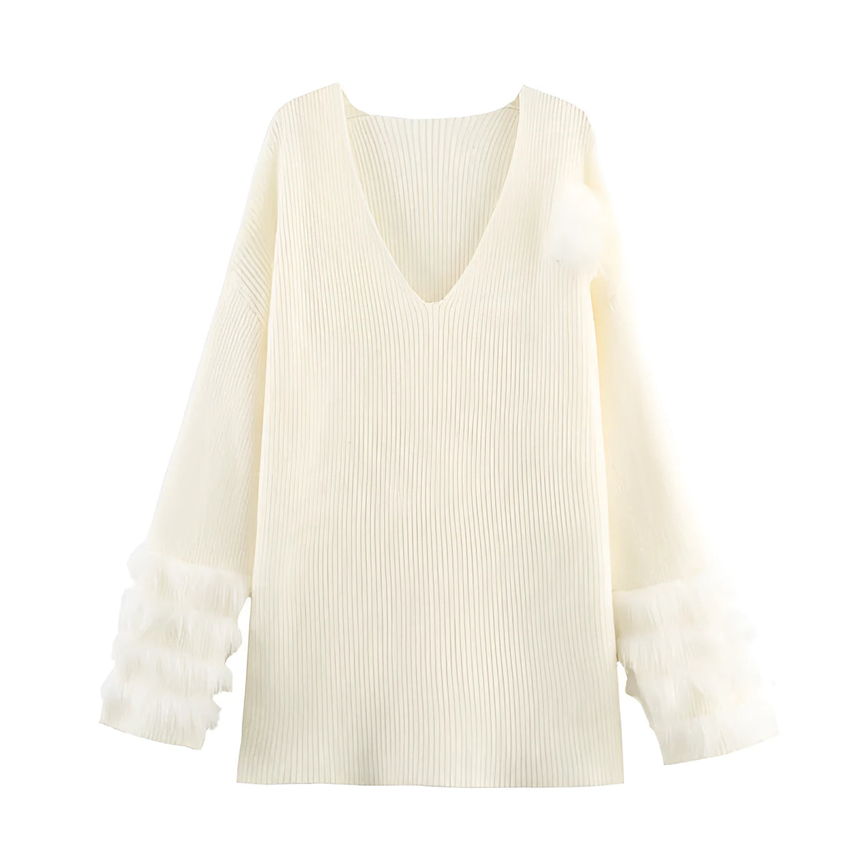 Women's white V-neck furry knitted dress with cuffed long sleeves, straight cut, sizes S M L