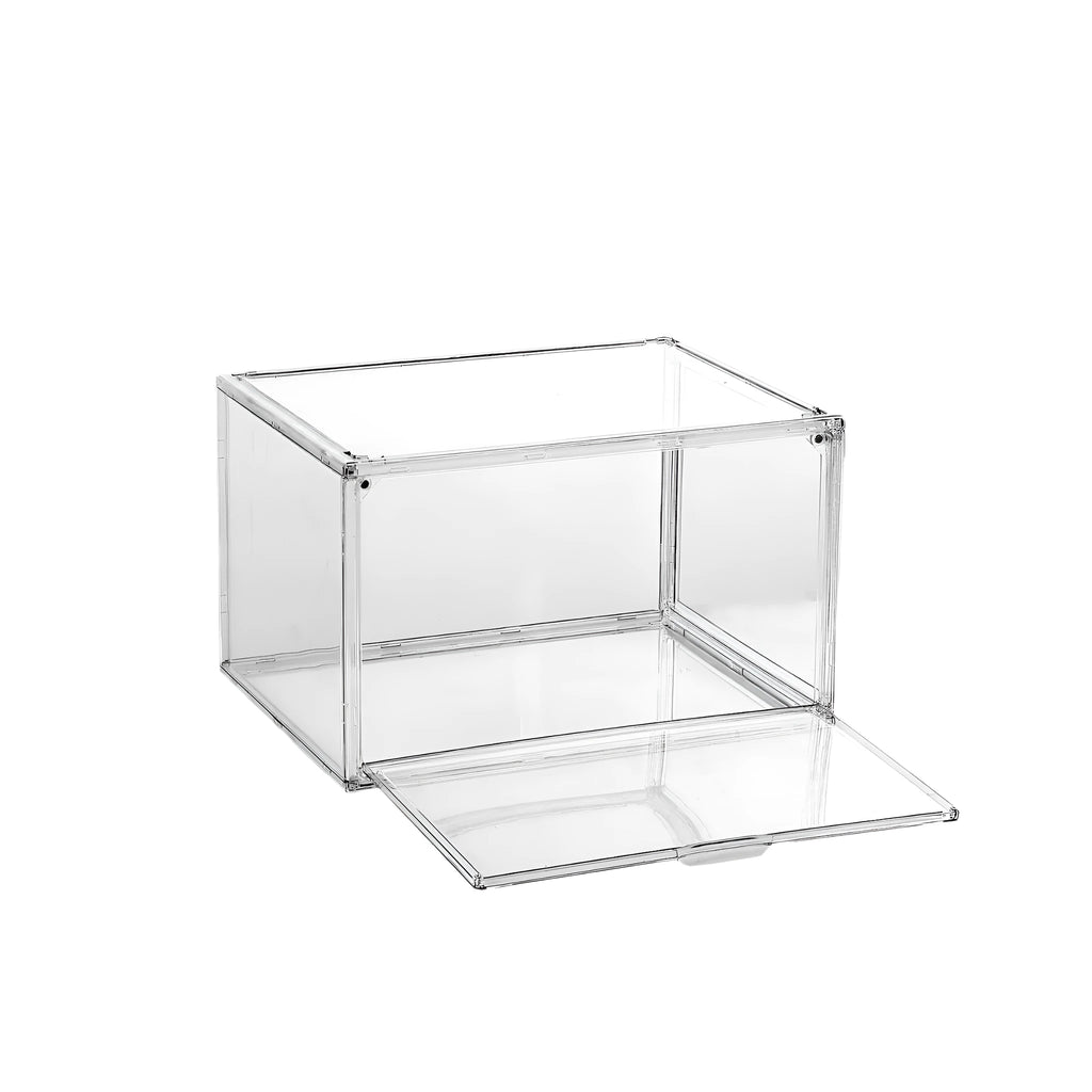 Large transparent acrylic shoe storage box with magnetic door and lid.