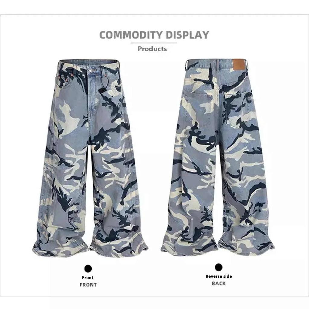 Snow camouflage blue loose fit cotton denim jeans with micro-elastic properties and mid-waist design