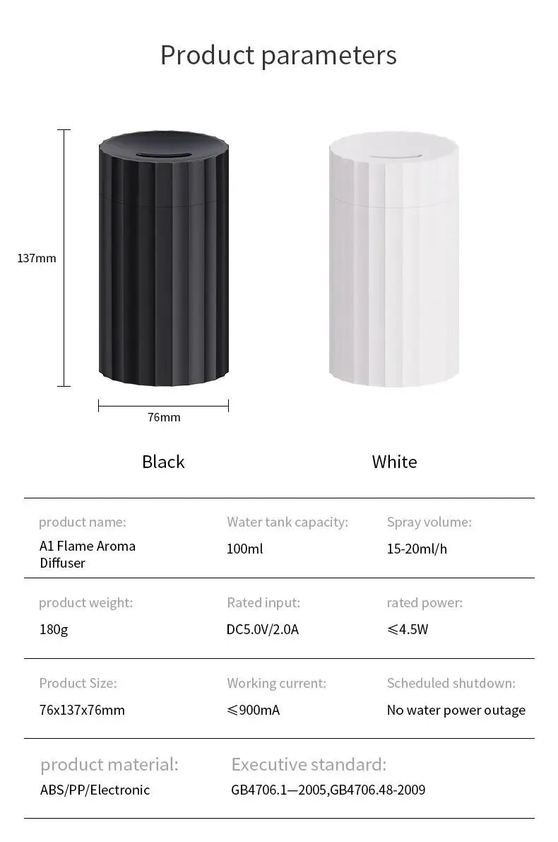 Black and white aromatherapy diffuser with LED flame effect and 100ml water tank for essential oils
