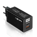 Gallium Nitride 65W universal laptop charger in black or white with UK, EU, and US plug options