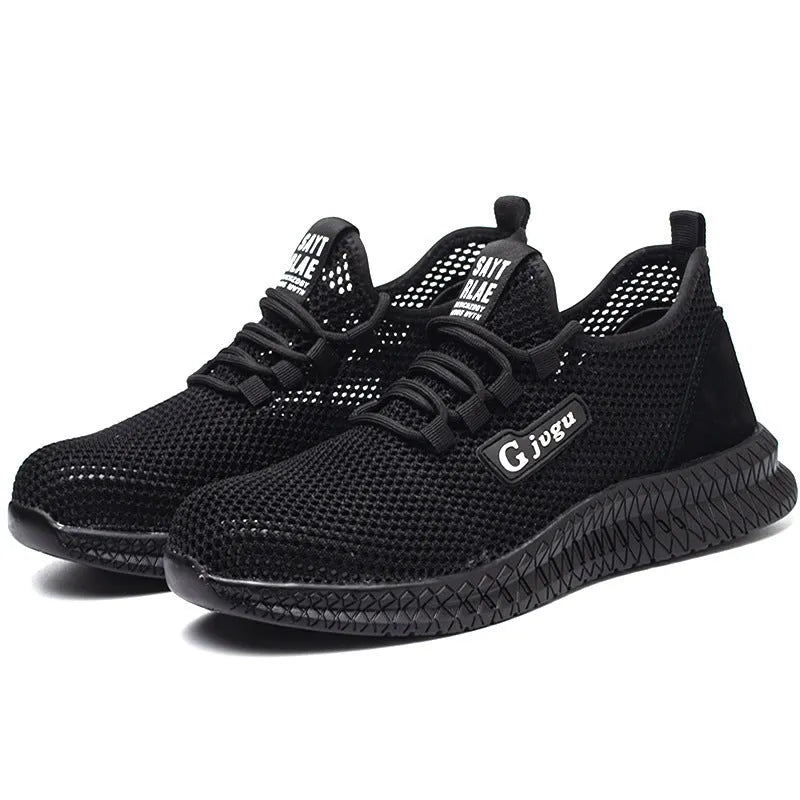 Men's low-top Flyknit work shoes with a steel toe cap in black, grey, and yellow colour options.