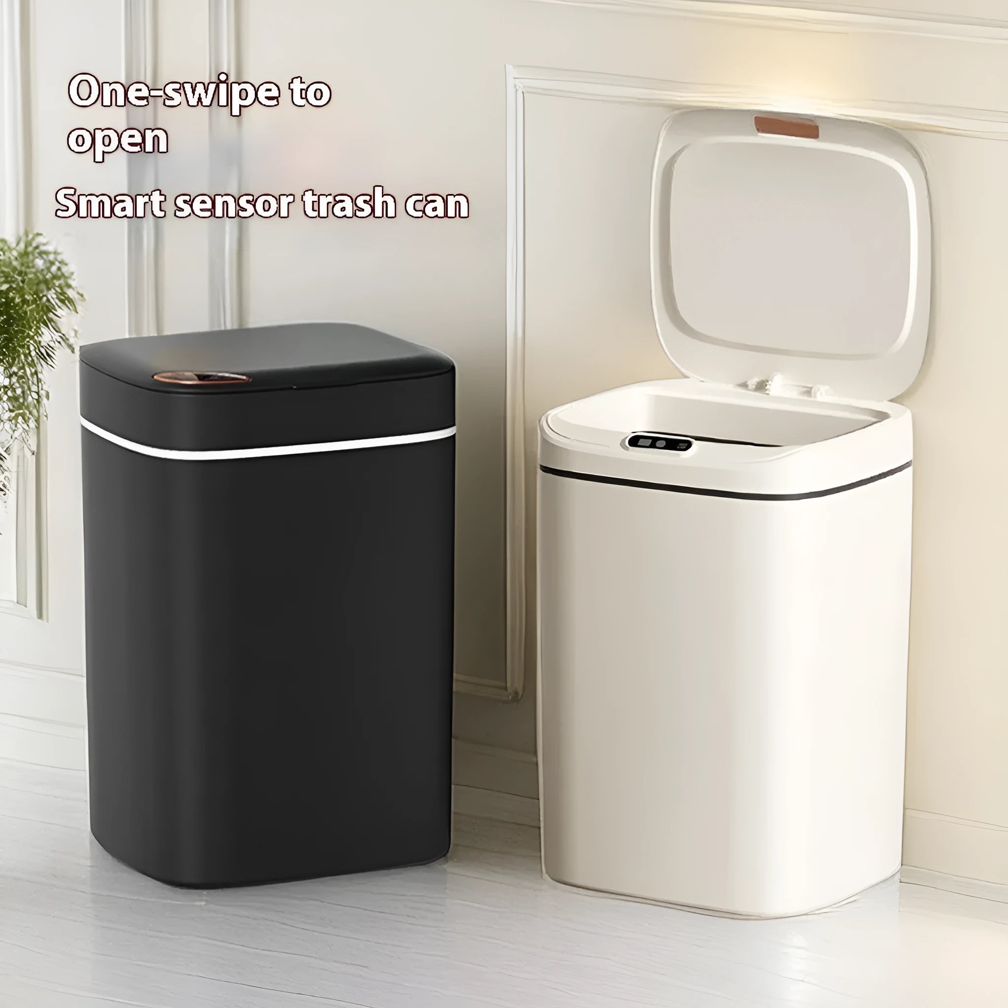 Square automatic sensor kitchen bin with open lid in milky white colour