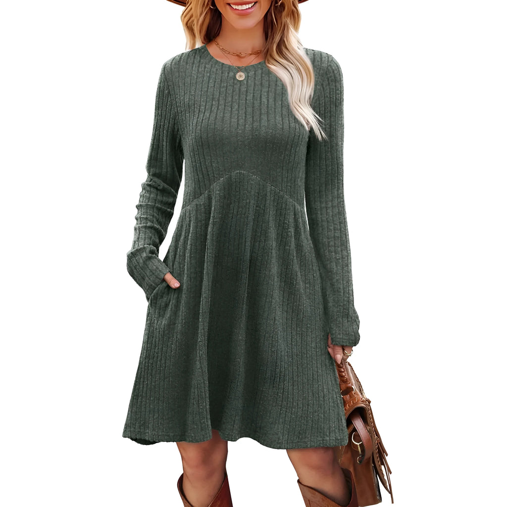 Women's bohemian brushed sunken stripe princess dress with wide waist and mid skirt in solid colour