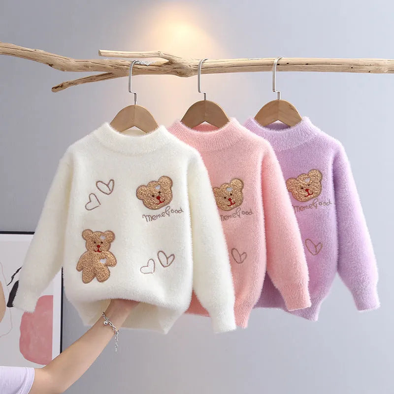 Girls mink fur plush knitted pullover jumper in pink, purple or white, sizes 110-150cm, cartoon and letter pattern