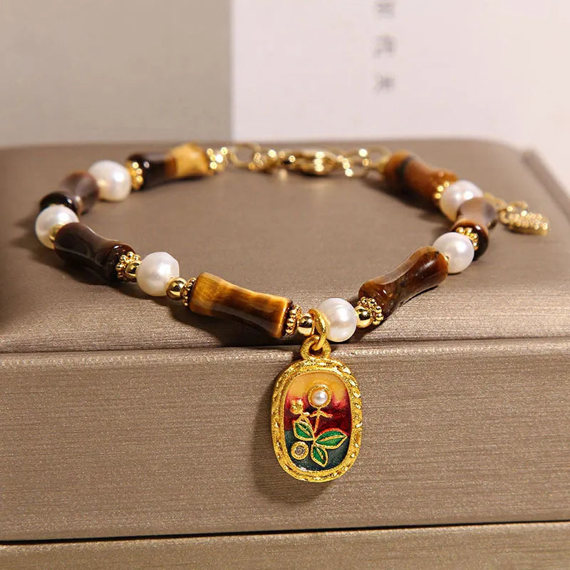 Chinese style stone bamboo glass bracelet for women in amber, green or purple colours