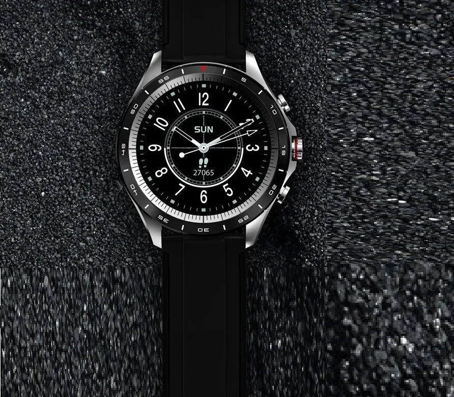 Men's smart bracelet watch with zinc alloy case and black silicone wristband, showing touch screen display.