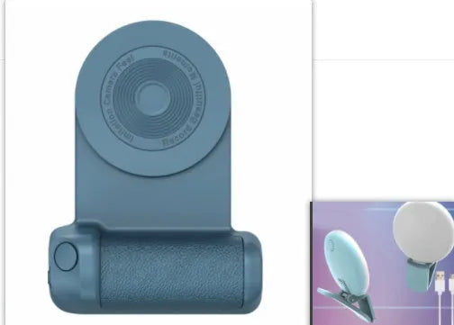 Black magnetic phone camera holder with rotatable grip on wooden table demonstrating phone attachment