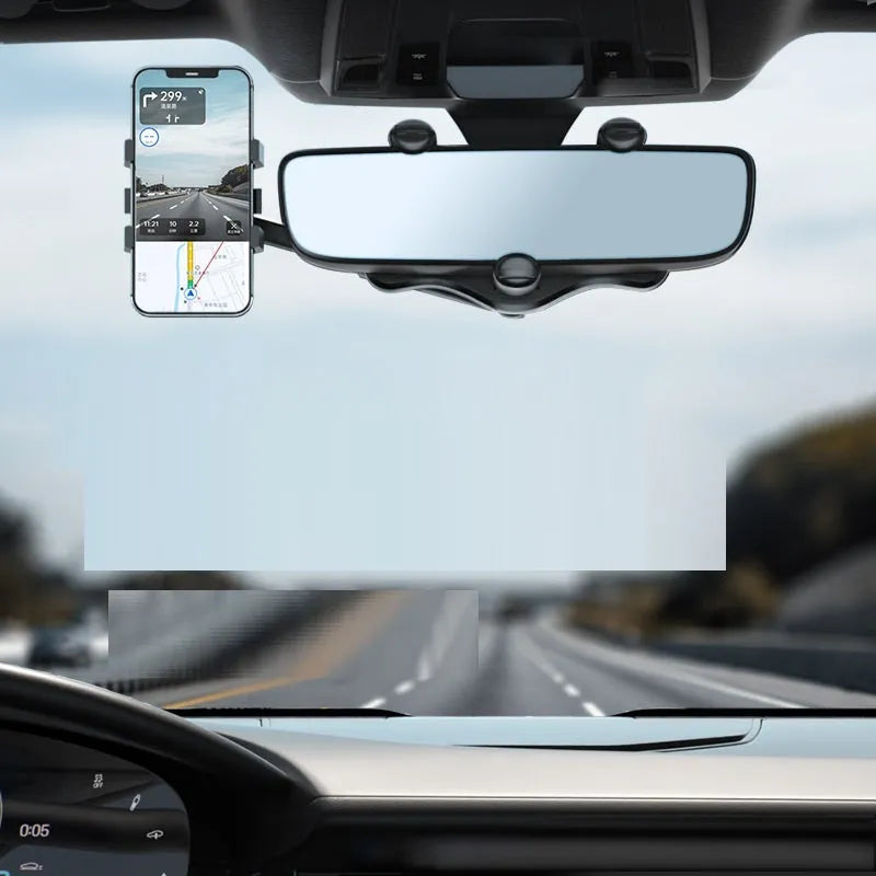 Rotating smartphone mount bracket clipped onto a car rearview mirror, showing left and right adjustment.