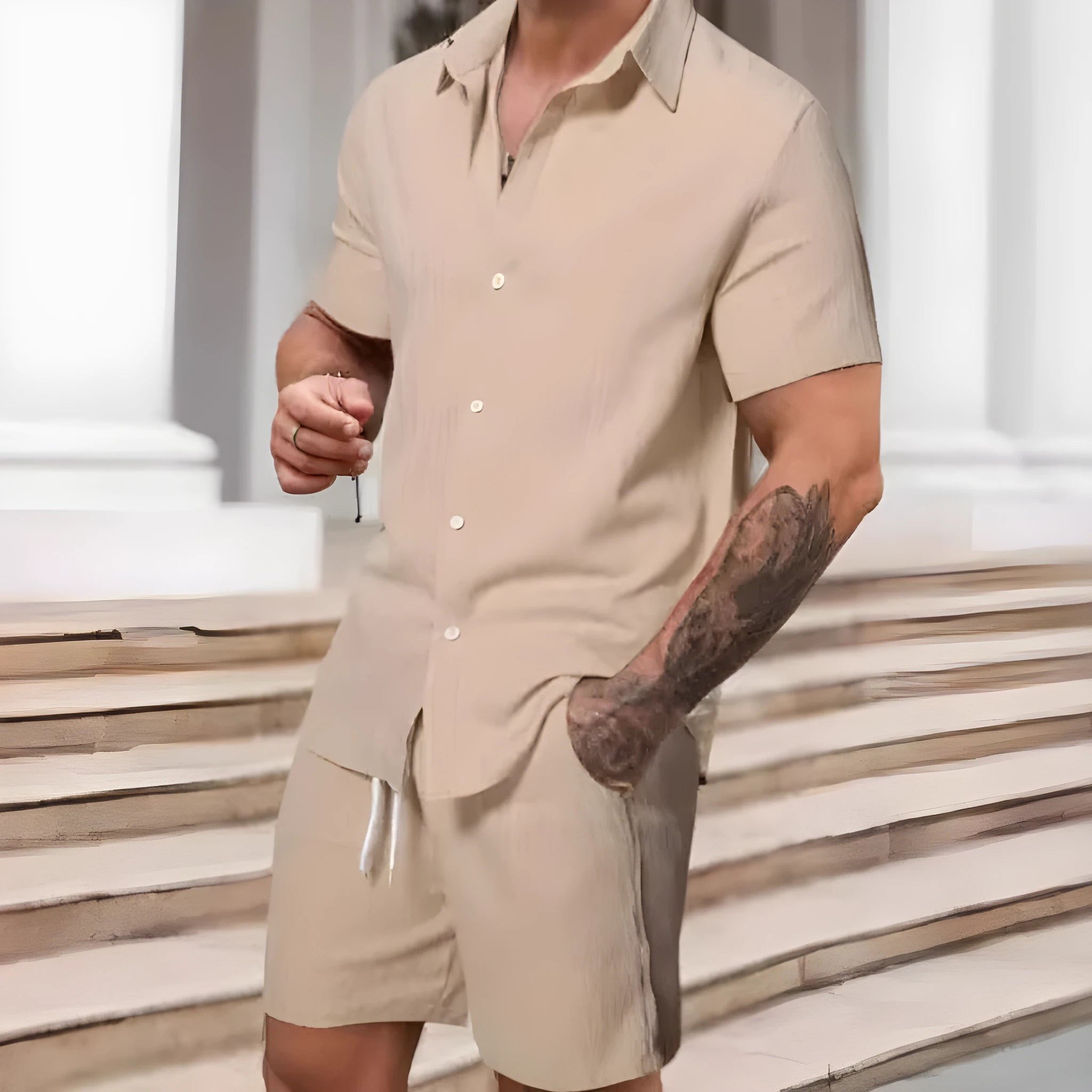 Striped printed casual men's suit comprising a short sleeve shirt and matching shorts in colour YT50313P1.