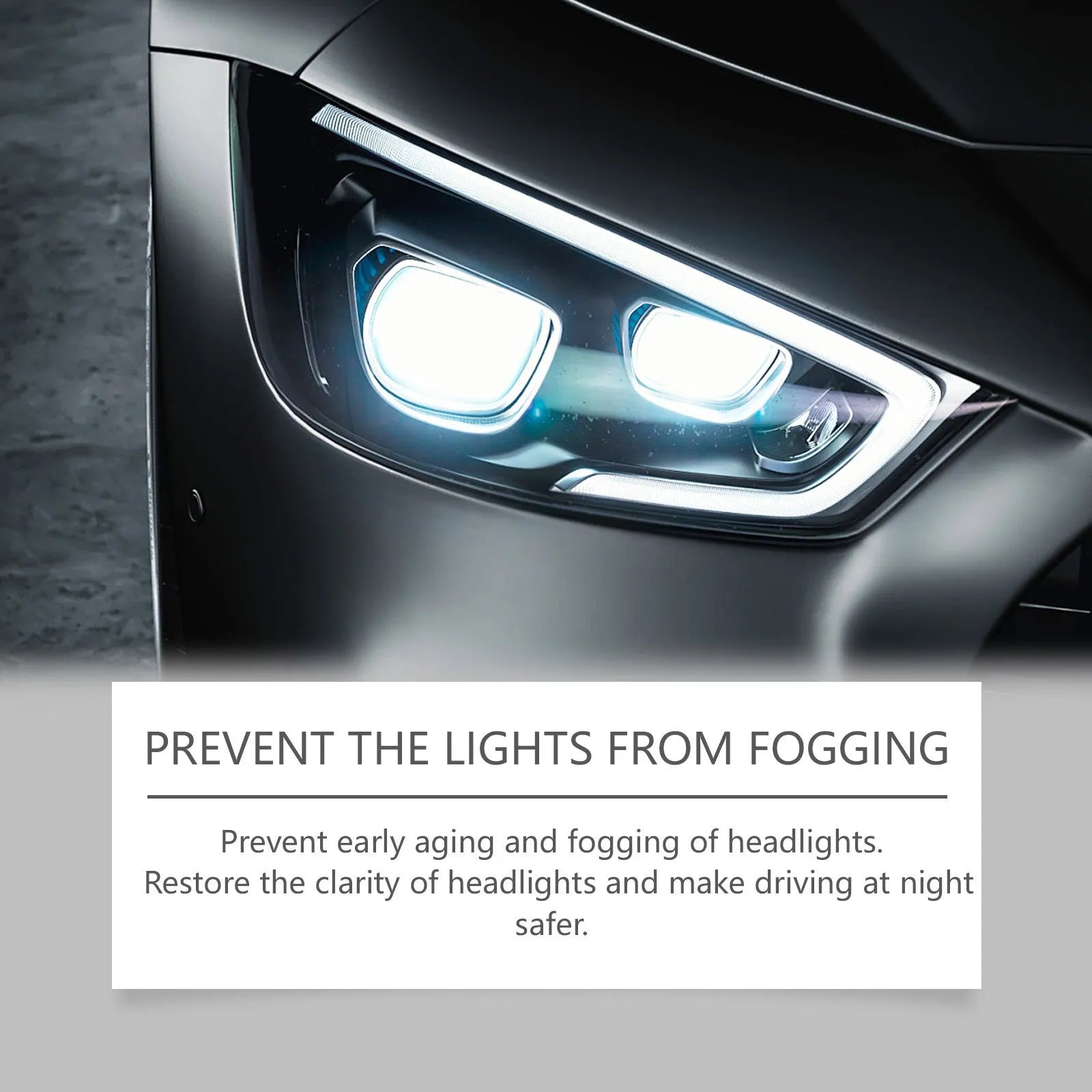 Car headlight polishing kit showing 100ml bottle and 20x20cm microfiber cloth for plastic lens restoration