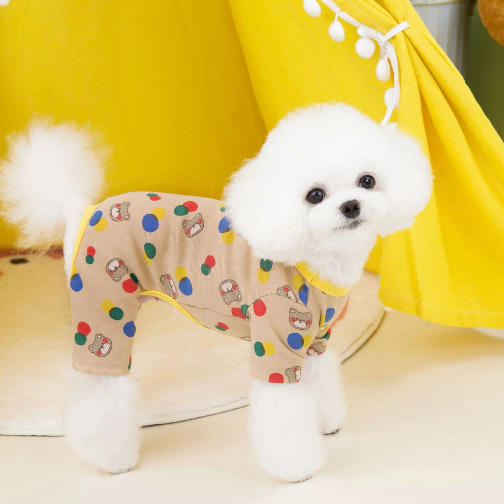 Beige dog jumper with colourful ball bear pattern, showing casual cotton spandex construction.