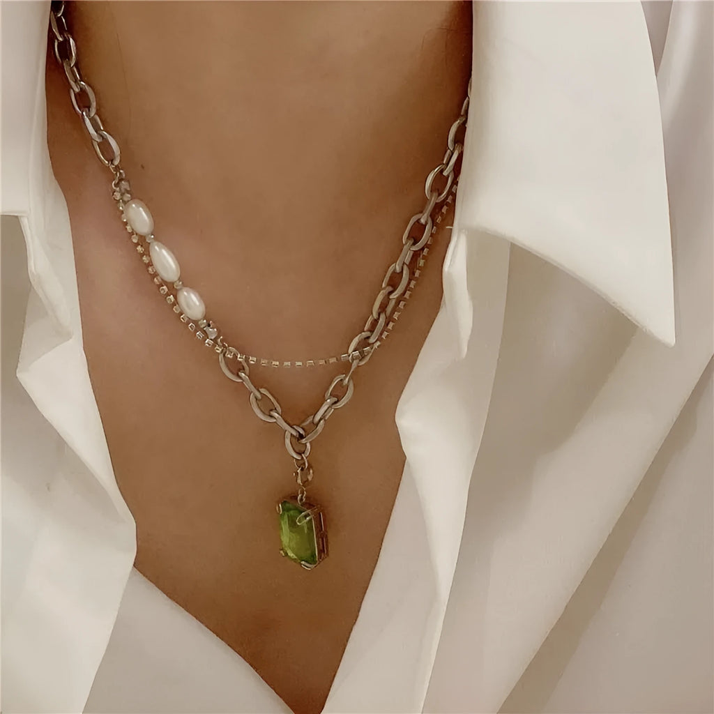 Green square brick stainless steel necklace with artificial crystal geometric pendant and adjustable chain
