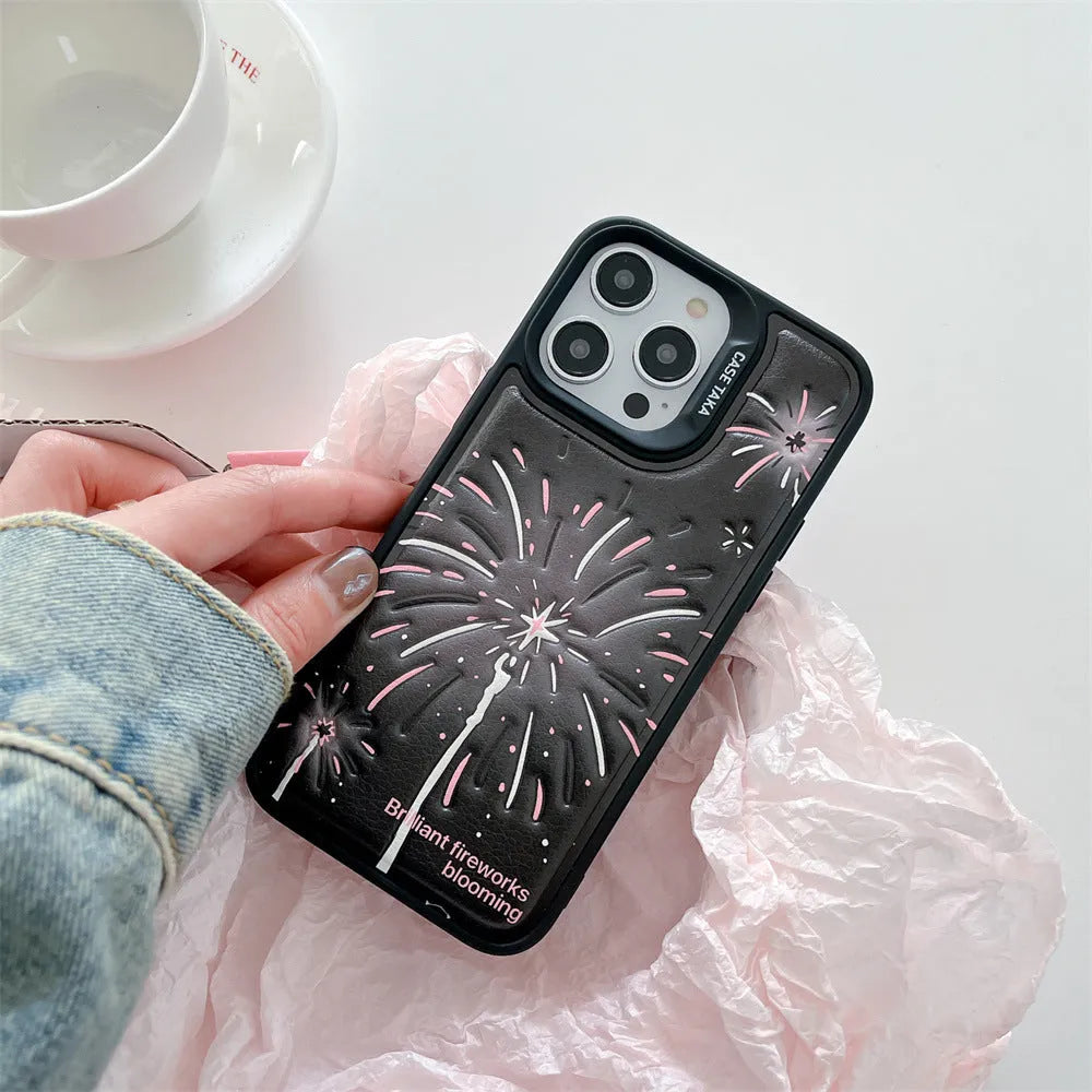 Leather embossed TPU phone case for iPhone with colourful fireworks design