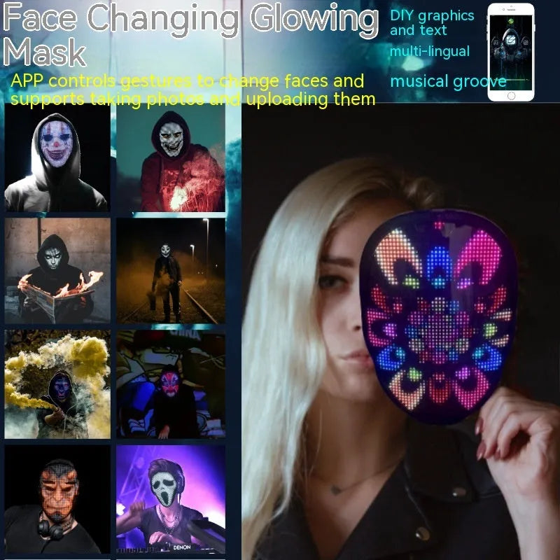 Avengers-themed electronic LED face mask with multi-colour changing lights on display.
