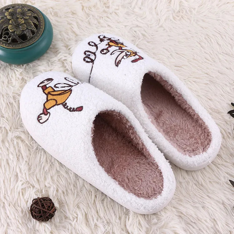 White cartoon pattern plush slippers with toe holder and non-slip rubber sole
