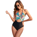 Women's printed patchwork leaf one-piece swimsuit in stretch nylon fabric