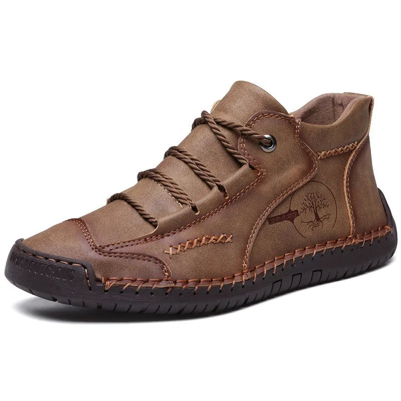 Men's leather high-top casual shoes in army green with front lace-up and round toe design