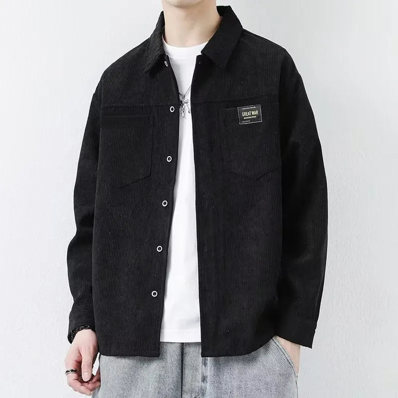 Men's long sleeve corduroy cardigan jacket in black, shown as a casual layering piece.