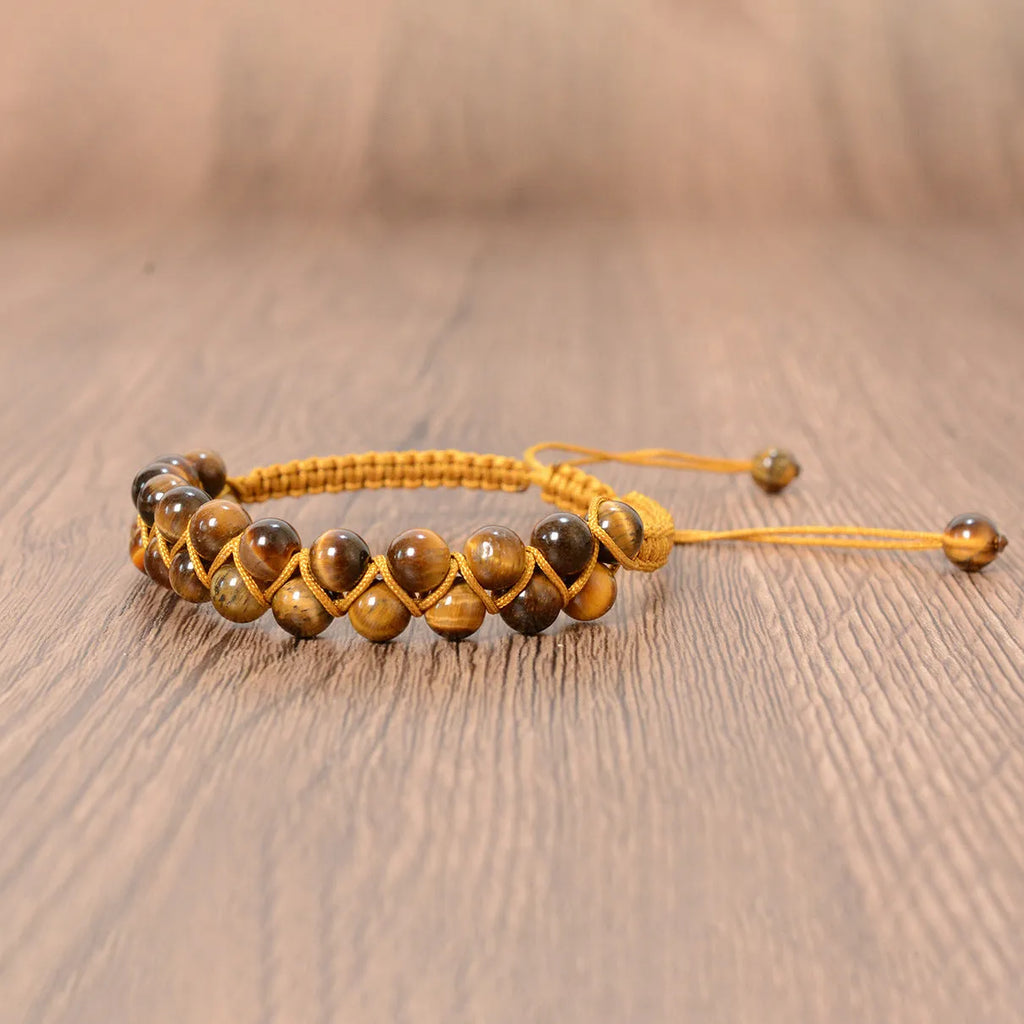 Tigereye hand-woven double layer bracelet with 6mm round beads and adjustable lanyard