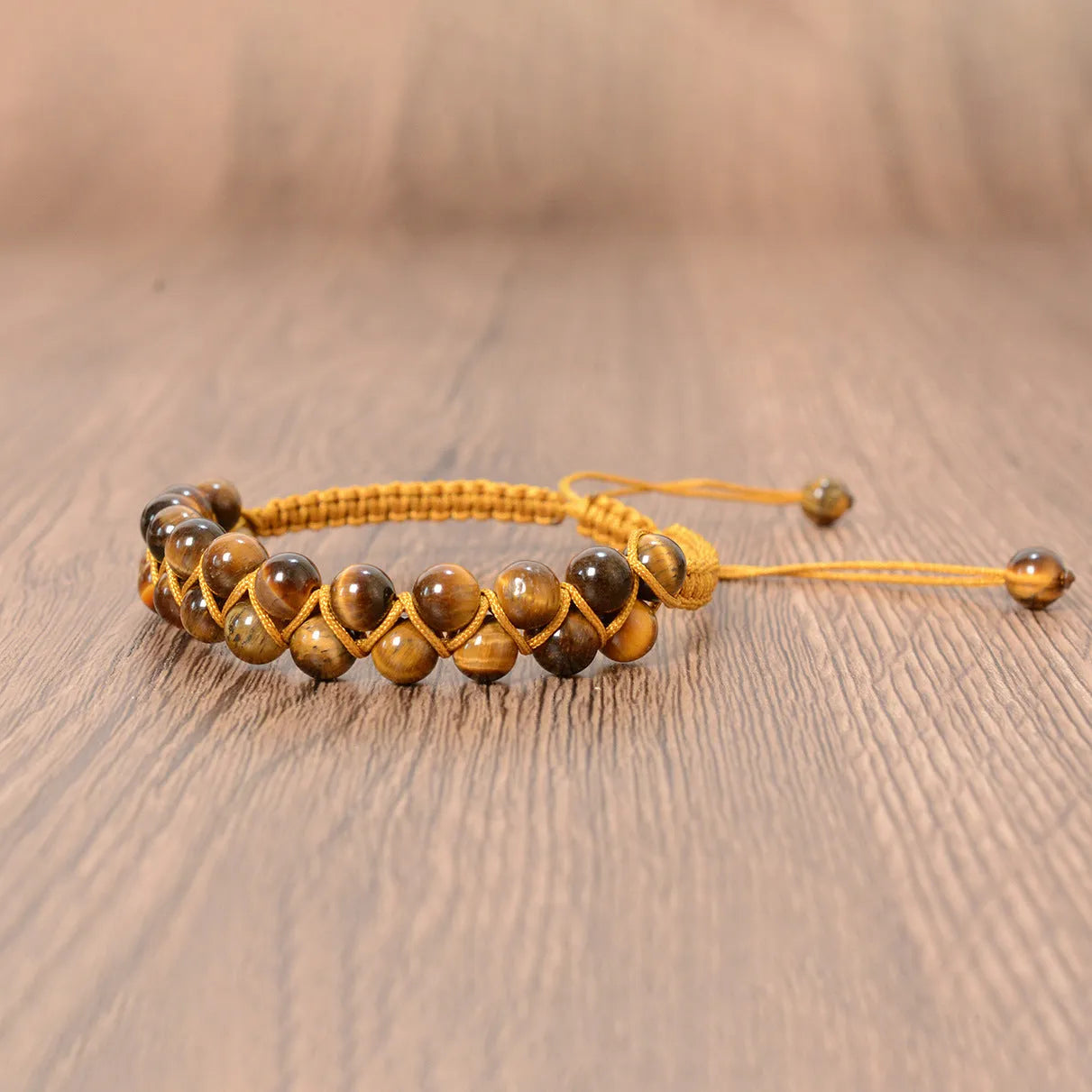 Tigereye hand-woven double layer bracelet with 6mm round beads and adjustable lanyard
