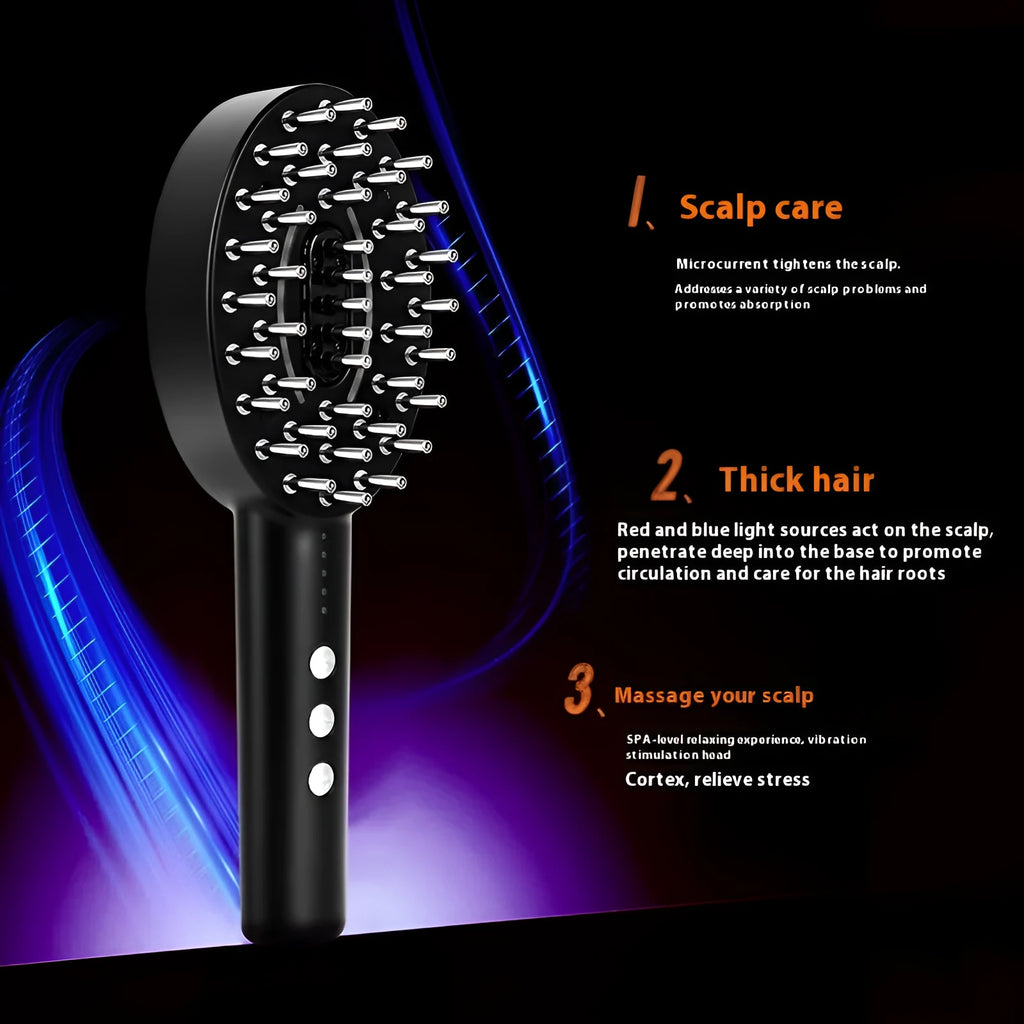 Black handheld scalp massage device with vibration head and USB charging cable