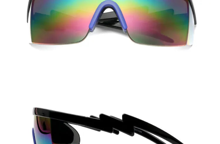 Sports sunglasses with curved foot piece and colourful film options showing UV400 protection
