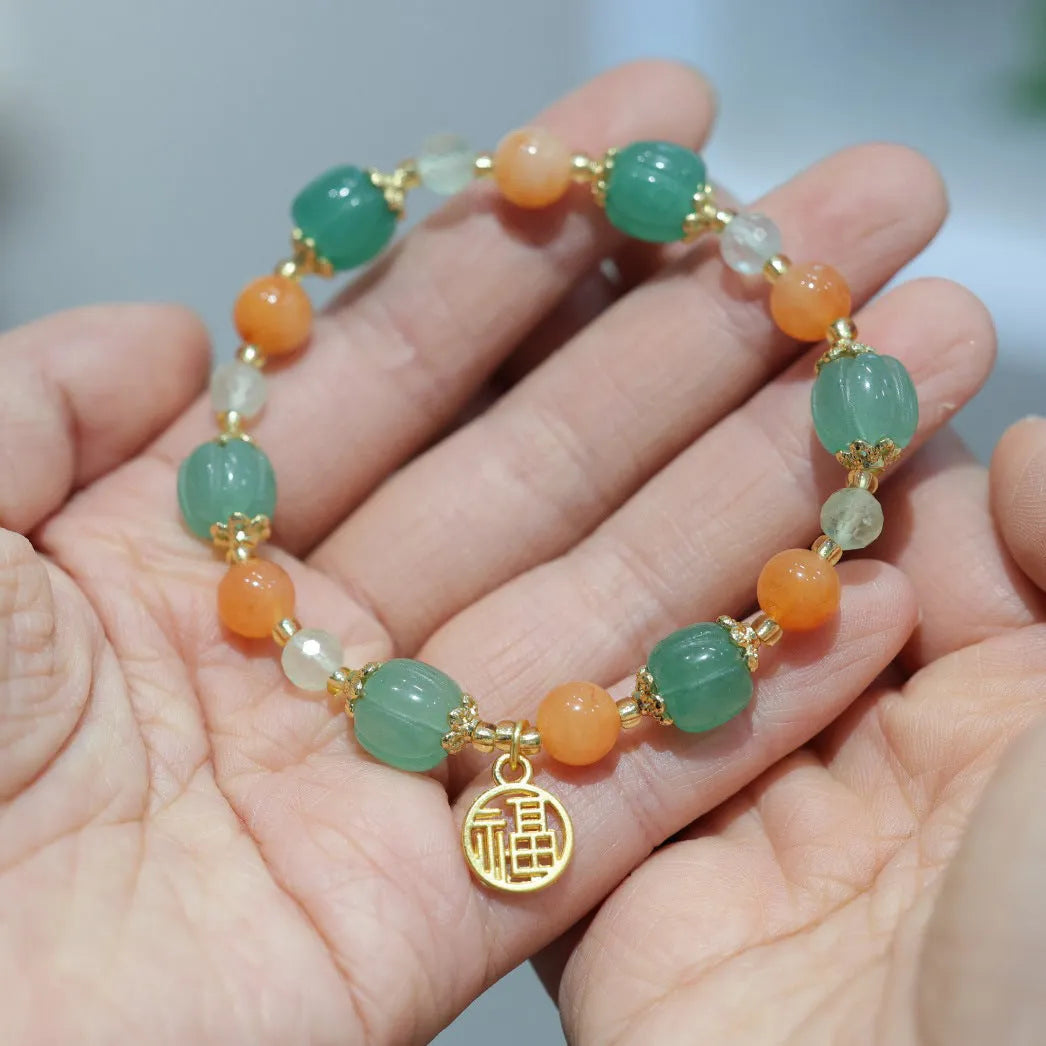 Chinese style Duobao pumpkin bracelet in Jinsi Jade with prehnite bead for women's 14-16.5cm wrist