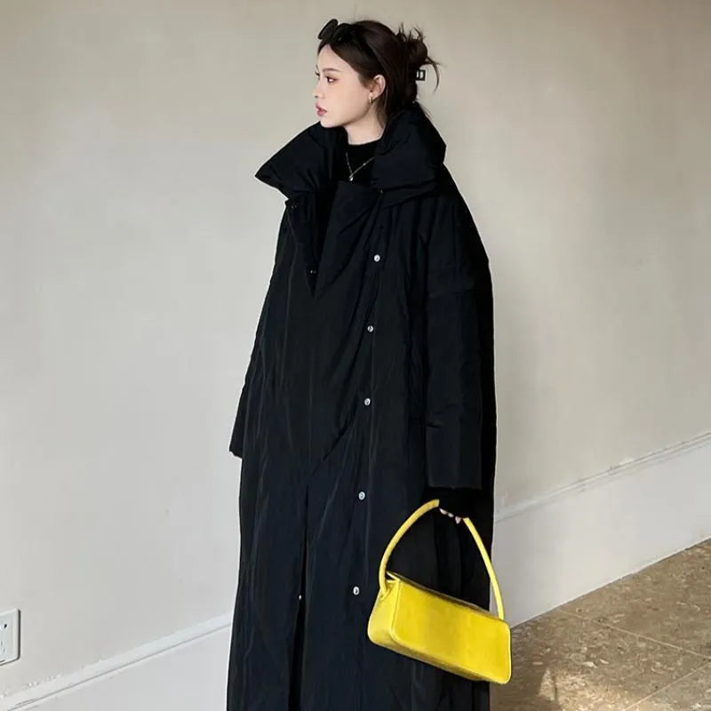 Women's mid-length winter coat, loose fit, zip front, black or grey, sizes S M L