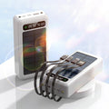 Solar power bank with cable showing industrial design in black, white, and green colours