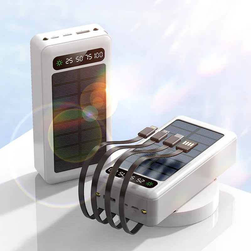 Solar power bank with cable showing industrial design in black, white, and green colours