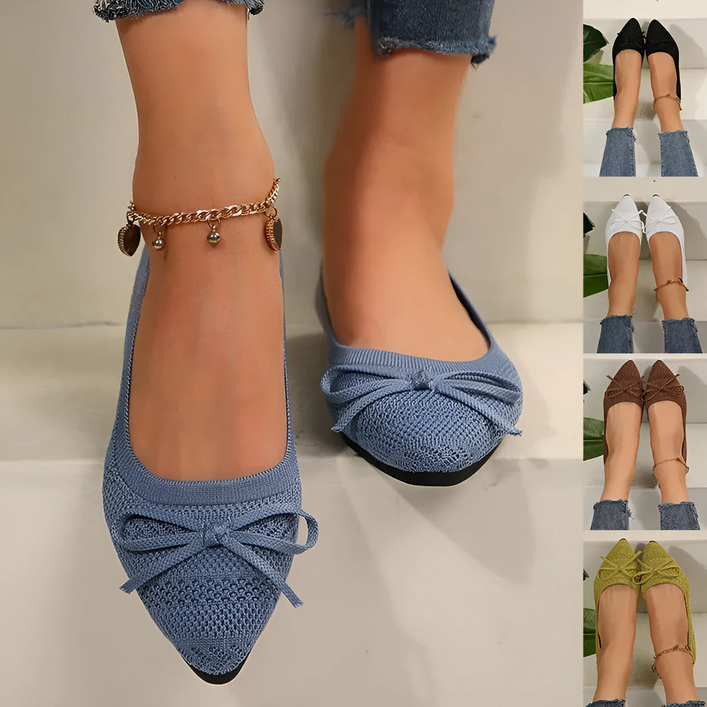 Women's knitted loafers with bow decoration, pointed toes, and rubber soles in six colour options