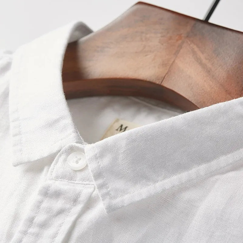 Man's casual short sleeve linen shirt with square collar in sapphire blue