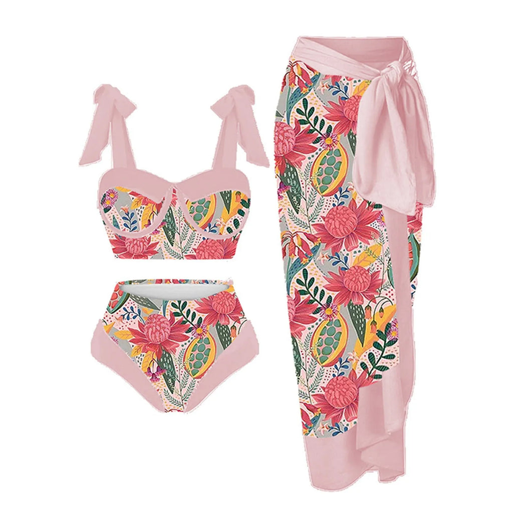 Women's printed split swimsuit three-piece set showing bra, skirt, and panties in floral pattern