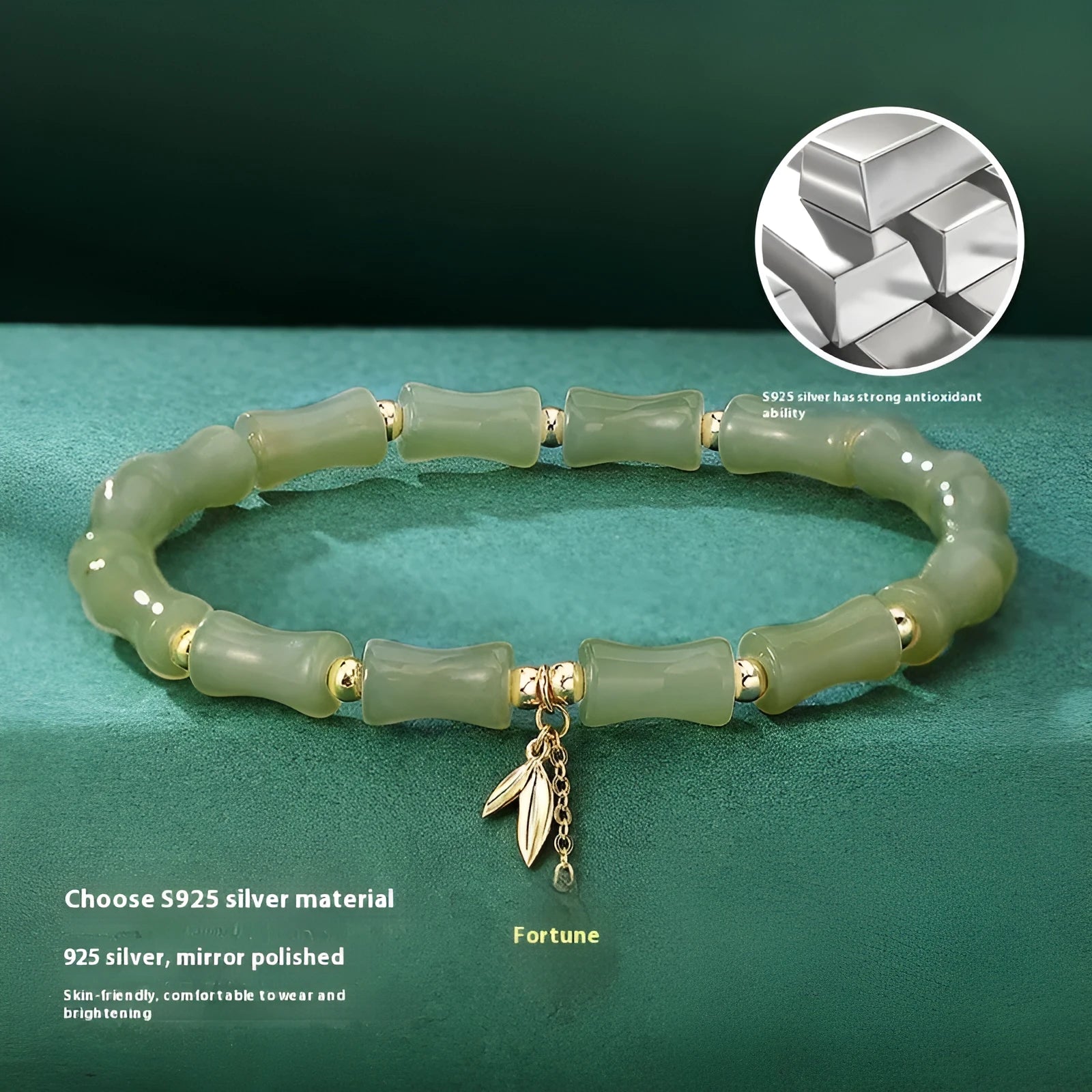 Chinese style bamboo joint jade bracelet and necklace set with safety knot