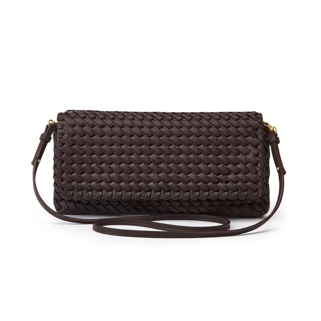 PU shoulder bag flap bag, horizontal square S size, single strap, weaving detail, black wine red milky white