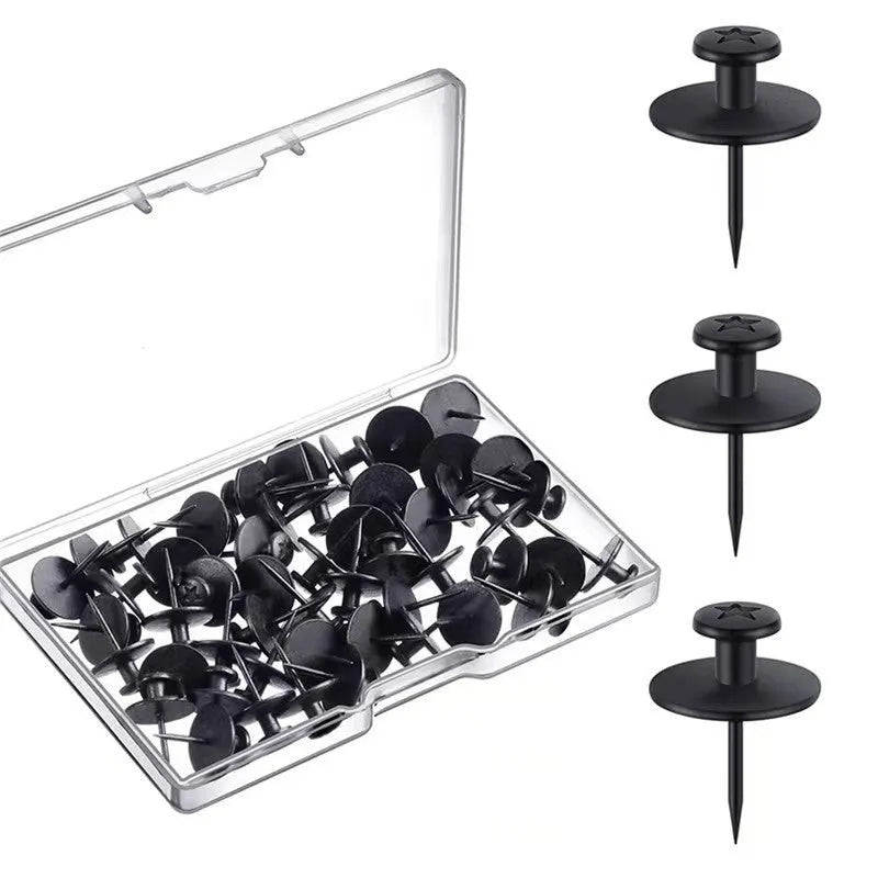 Black plastic I-shaped corkboard nails in a PP box, available in 30, 50 or 80 pieces
