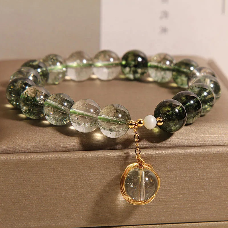 Natural green phantom quartz and chorite crystal bracelet for women in Japanese Korean style.